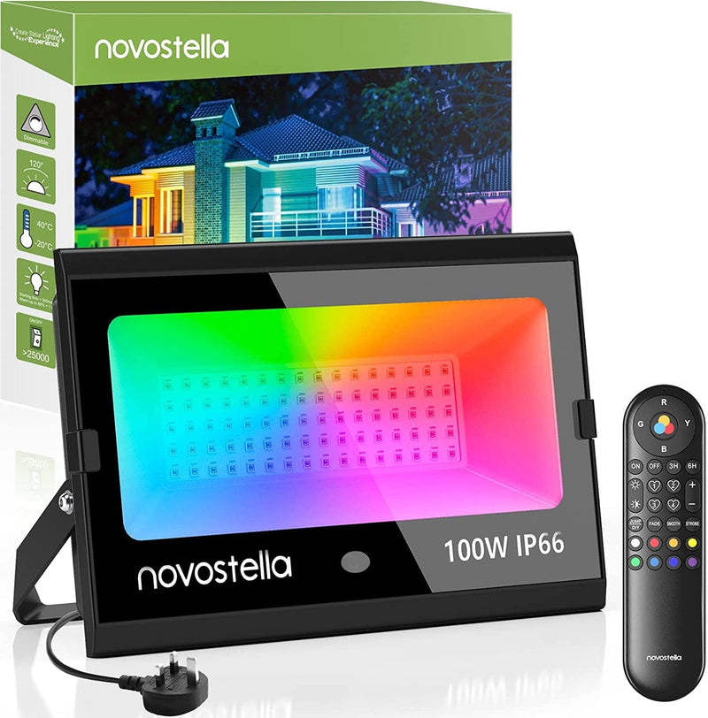 Novostella 25W RGB LED Flood Light 4 Pack with Upgraded IR Remote, IP66 Waterproof Outdoor Stage Uplights, 4 DIY Modes, Dimmable Color Changing Floodlight, for Events Halloween Garden Stage Landscape Home & Garden > Lighting > Flood & Spot Lights NOVOSTELLA 100W-1Pack  