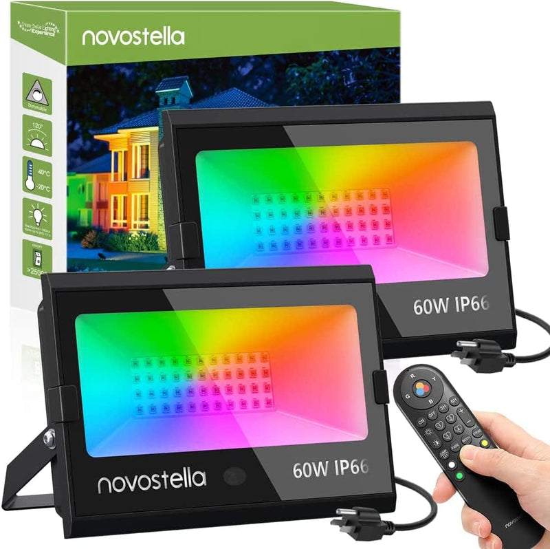Novostella 25W RGB LED Flood Light 4 Pack with Upgraded IR Remote, IP66 Waterproof Outdoor Stage Uplights, 4 DIY Modes, Dimmable Color Changing Floodlight, for Events Halloween Garden Stage Landscape Home & Garden > Lighting > Flood & Spot Lights NOVOSTELLA 60W-2Pack  