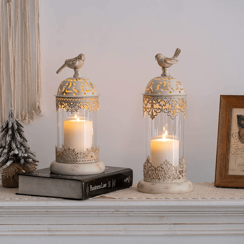 NUPTIO 2 Pcs Vintage Pillar Candle Holders Moroccan Wrought Iron Hurricane Candle Holder Ornate Centerpiece for Mantlepiece Decorations, Candlestick Holders for Table Living Room Balcony Garden Home & Garden > Decor > Home Fragrance Accessories > Candle Holders NUPTIO   