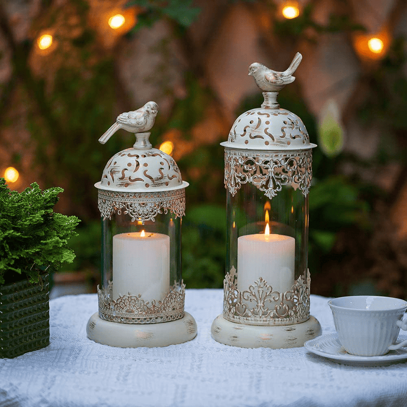 NUPTIO 2 Pcs Vintage Pillar Candle Holders Moroccan Wrought Iron Hurricane Candle Holder Ornate Centerpiece for Mantlepiece Decorations, Candlestick Holders for Table Living Room Balcony Garden