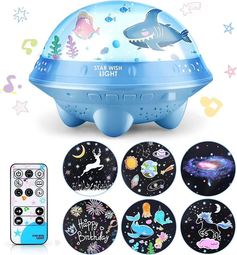 O WOWZON New Night Light Musical Projector for Kids, Star Light Projector for Bedroom, 5 Lighting Modes Mood Lights for Baby Kids Room with Remote Control,7 Sets of Film,255 Stories&Songs