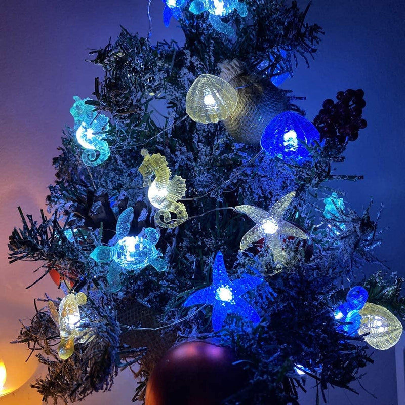 Ocean Beach Themed Sea Life Cute Fairy Decorative String Lights Battery Operated, Seahorse Starfish Sea Turtle Clam Nautical Rope Lights Lit by 30 Leds 10 Ft for Holiday Camping Mermaid Wedding Home & Garden > Lighting > Light Ropes & Strings JASHIKA   