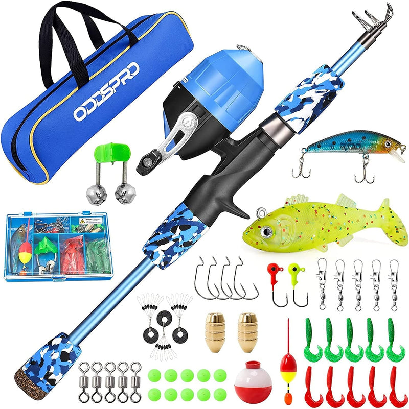 ODDSPRO Kids Fishing Pole - Kids Fishing Starter Kit - with Tackle Box, Reel, Practice Plug, Beginner'S Guide and Travel Bag for Boys, Girls