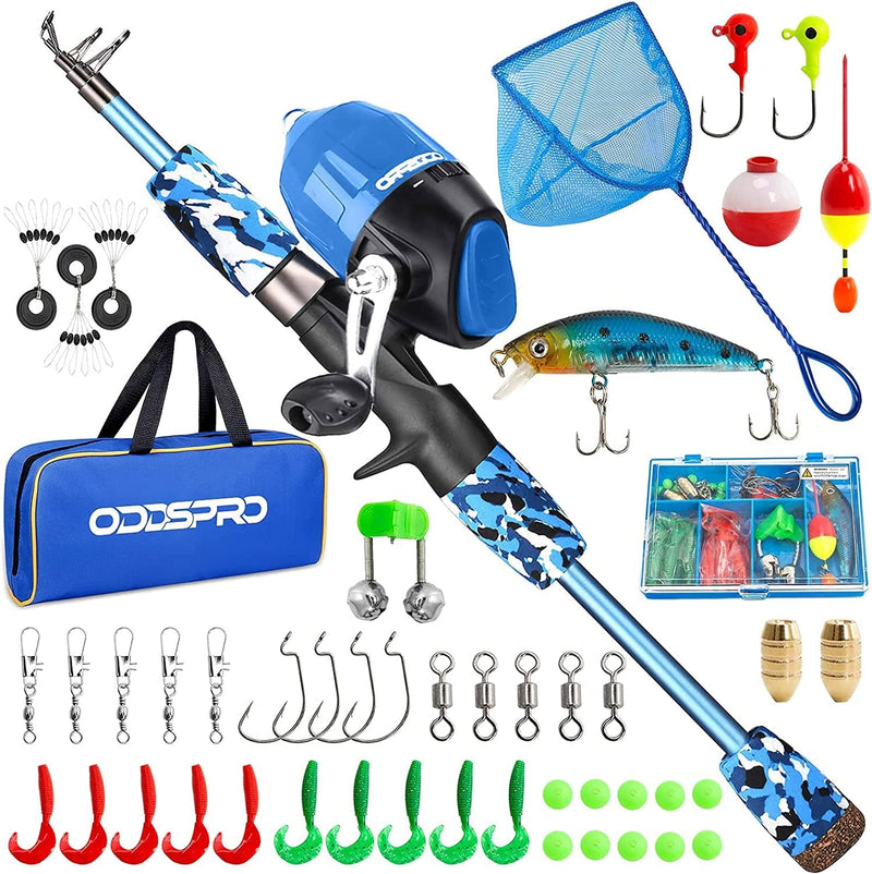 ODDSPRO Kids Fishing Pole - Kids Fishing Starter Kit - with Tackle Box, Reel, Practice Plug, Beginner'S Guide and Travel Bag for Boys, Girls Sporting Goods > Outdoor Recreation > Fishing > Fishing Rods ODDSPRO Blue+Net 1.2M 3.94Ft 