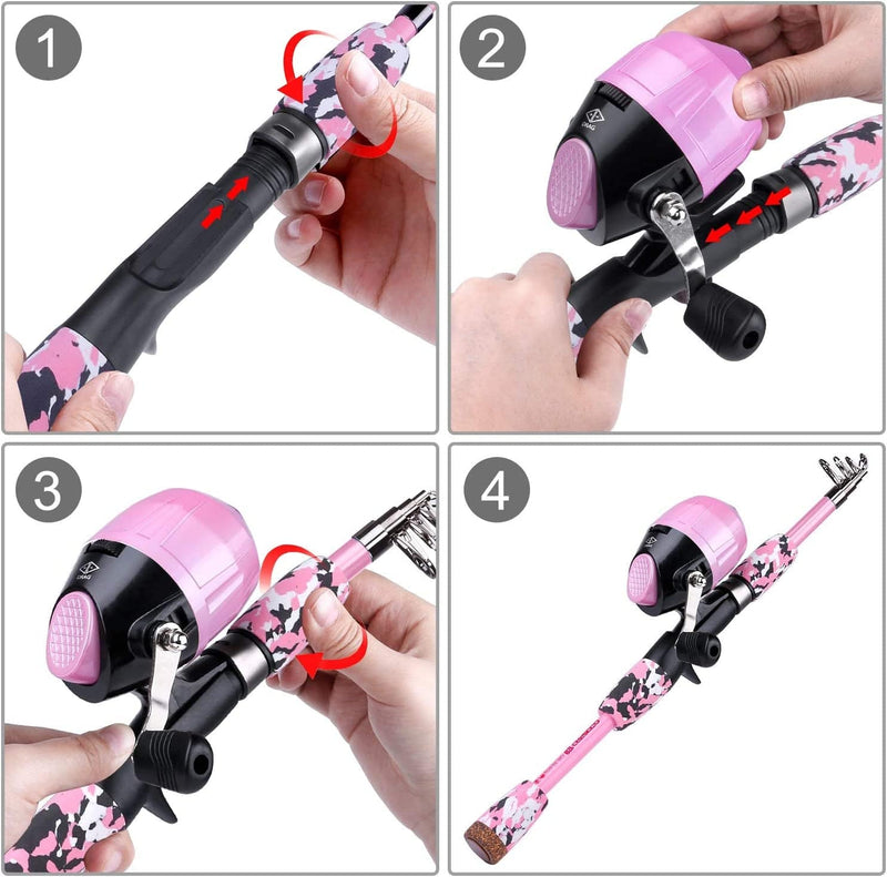 ODDSPRO Kids Fishing Pole Pink, Portable Telescopic Fishing Rod and Reel Combo Kit - with Spincast Fishing Reel Tackle Box for Girls, Youth Sporting Goods > Outdoor Recreation > Fishing > Fishing Rods ODDSPRO   