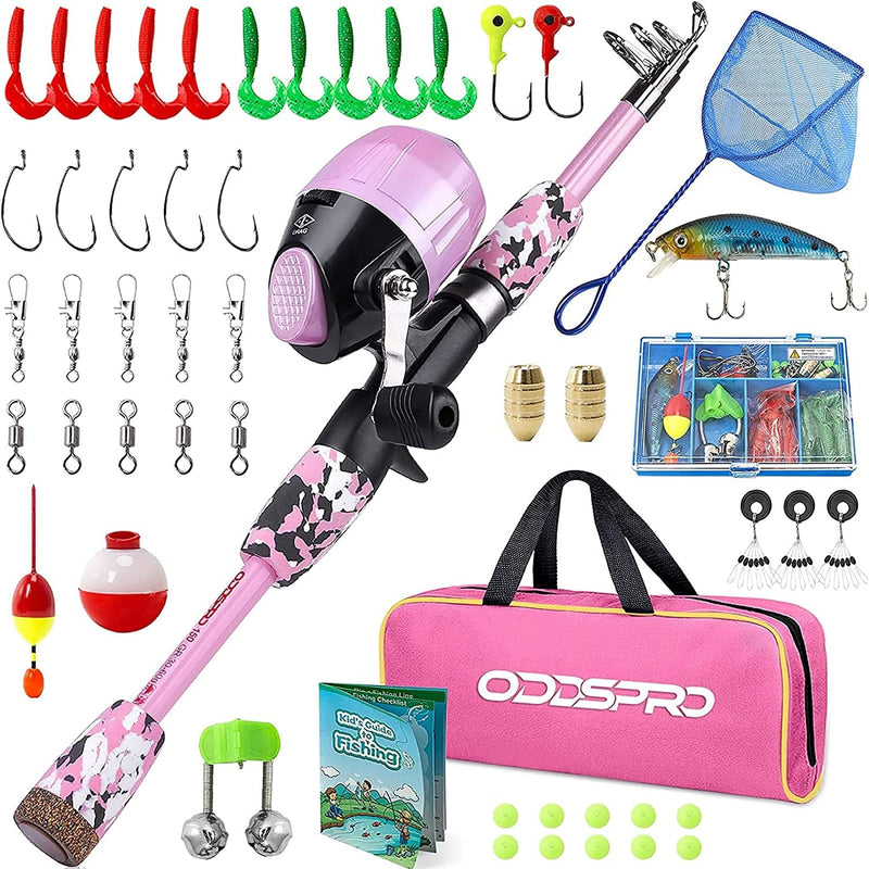 ODDSPRO Kids Fishing Pole Pink, Portable Telescopic Fishing Rod and Reel Combo Kit - with Spincast Fishing Reel Tackle Box for Girls, Youth Sporting Goods > Outdoor Recreation > Fishing > Fishing Rods ODDSPRO Pink-Style 2 with Net 1.5M 4.92Ft 