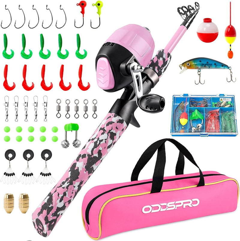 ODDSPRO Kids Fishing Pole Pink, Portable Telescopic Fishing Rod and Reel Combo Kit - with Spincast Fishing Reel Tackle Box for Girls, Youth Sporting Goods > Outdoor Recreation > Fishing > Fishing Rods ODDSPRO Pink-Style 1 1.8M 5.91Ft 