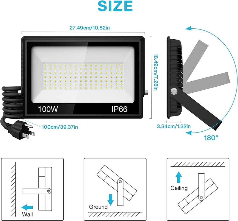 Olafus 2 Pack 100W LED Flood Light Outdoor, 9000Lm LED Work Light with Plug, IP66 Waterproof Exterior Security Lights, 6500K Daylight White outside Floodlights for Playground Yard Stadium Lawn Ball Home & Garden > Lighting > Flood & Spot Lights Olafus   