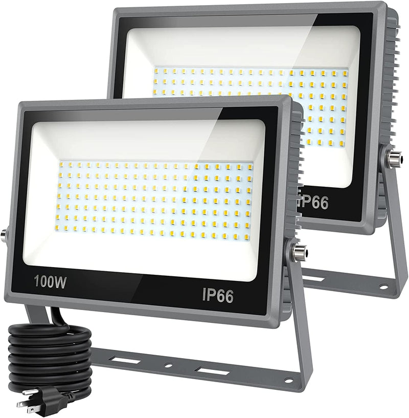 Olafus 2 Pack 100W LED Flood Light Outdoor, 9000LM Outdoor Flood Lights, IP66 Waterproof LED Work Light with Plug, 6500K Daylight White Super Bright Floodlights for Yard Playground Barn Gray Home & Garden > Lighting > Flood & Spot Lights Olafus   