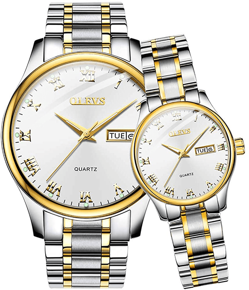 OLEVS Valentines Couple Pair Quartz Watches Luminous Calendar Date Window 3ATM Waterproof, Casual Stainless Steel His and Hers Wristwatch for Men Women Lovers Wedding Romantic Gifts Set of 2 Home & Garden > Decor > Seasonal & Holiday Decorations OLEVS White dial  