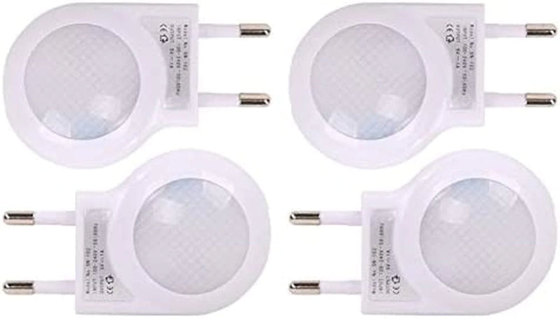 Omeet 4 Pack of White EU 2-Pin Plug - Portable Plug-In 0.7W Travel LED Night Light with Light Sensor Controlled Dusk to Dawn, No USB Port