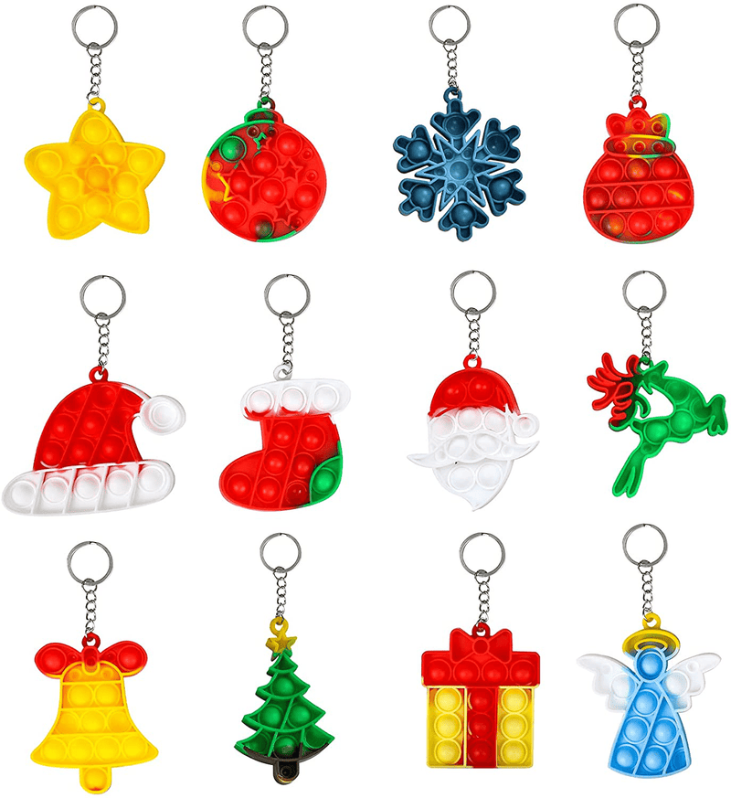 OMGJS 12 Pcs Christmas Mini Push Pop Bubble Fidget Toy, Keychain Bubble Pop Desk Toy, Fidget Keychain Relieve Anxiety Stress Pop it Fidget Toy
