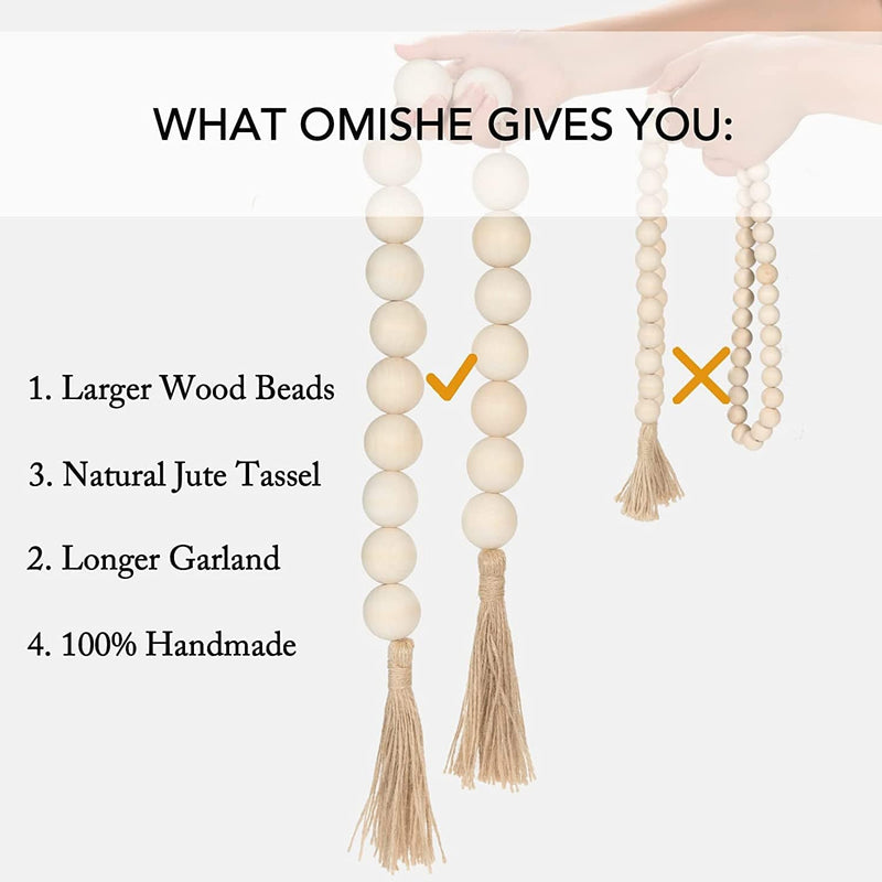 OMISHE Large Wood Bead Garland with 1.6" Diameter Wooden Beads and Tassels, Decorative Beads Boho Decorations for Home, 41" Long Rustic Farmhouse Country Wood Beads Garland for Home Tiered Tray Decor