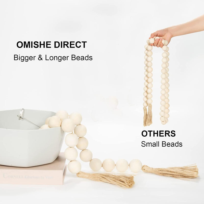 OMISHE Large Wood Bead Garland with 1.6" Diameter Wooden Beads and Tassels, Decorative Beads Boho Decorations for Home, 41" Long Rustic Farmhouse Country Wood Beads Garland for Home Tiered Tray Decor