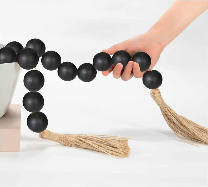 OMISHE Large Wood Bead Garland with 1.6" Diameter Wooden Beads and Tassels, Decorative Beads Boho Decorations for Home, 41" Long Rustic Farmhouse Country Wood Beads Garland for Home Tiered Tray Decor Home & Garden > Decor > Seasonal & Holiday Decorations OMISHE 3 Black 58 Inches 