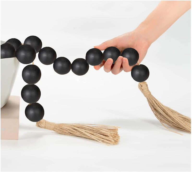 OMISHE Large Wood Bead Garland with 1.6" Diameter Wooden Beads and Tassels, Decorative Beads Boho Decorations for Home, 41" Long Rustic Farmhouse Country Wood Beads Garland for Home Tiered Tray Decor Home & Garden > Decor > Seasonal & Holiday Decorations OMISHE 3 Black 41 Inches 