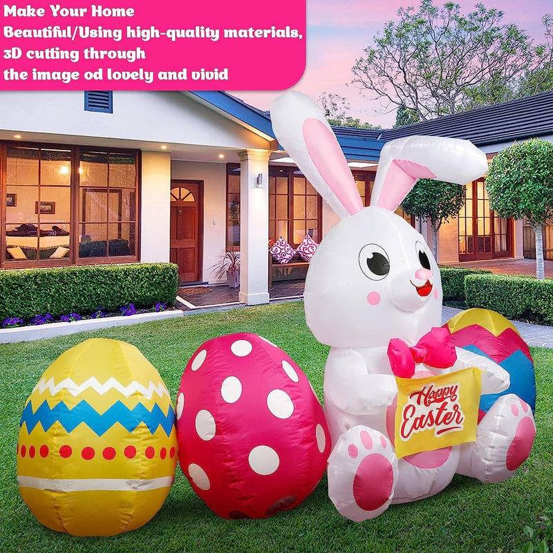 Ourwarm 6 FT Easter Inflatables Outdoor Decorations Bunny and 3 Colorful Eggs, Build-In LED Lights Blow up Yard Decorations for for Easter Decor, Home Holiday Party Indoor, Outdoor, Garden, Lawn Decor Home & Garden > Decor > Seasonal & Holiday Decorations OurWarm   
