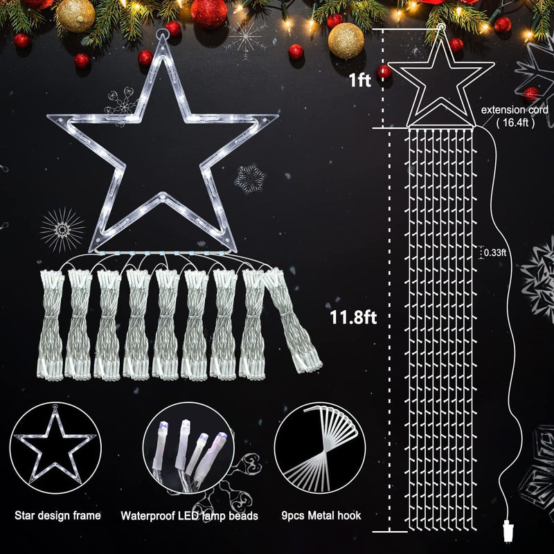 Outdoor Christmas Decorations Topper Star String Lights 344LED 12Ft Hanging Cone Tree Waterfall Lights 8 Lighting Modes Plug in Waterproof for Holiday Yard Party Home Indoor Fence Decor (Warm White) Home & Garden > Lighting > Light Ropes & Strings Linhai Baoguang Lighting Co.,Ltd   