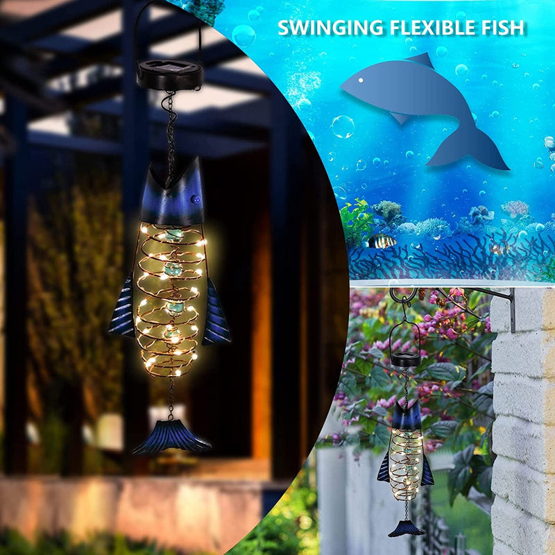 Outdoor Lights for Patio Garden Decor - Metal Solar Fish Hanging Decoration - Solar Lamp Decorative Yard Art - Pretty Nice Lantern for Man Woman Holiday Gift Ideas | Waterproof Warm LED Lighting