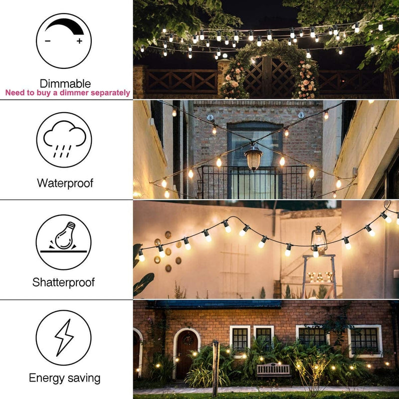 Outdoor Patio String Lights 50 Feet, Bistro String Lights with 18 LED Clear Bulbs S14,Waterproof/Shatterproof - Create Ambience on Indoor Wedding Backyard Pergola Cafe - Warm White