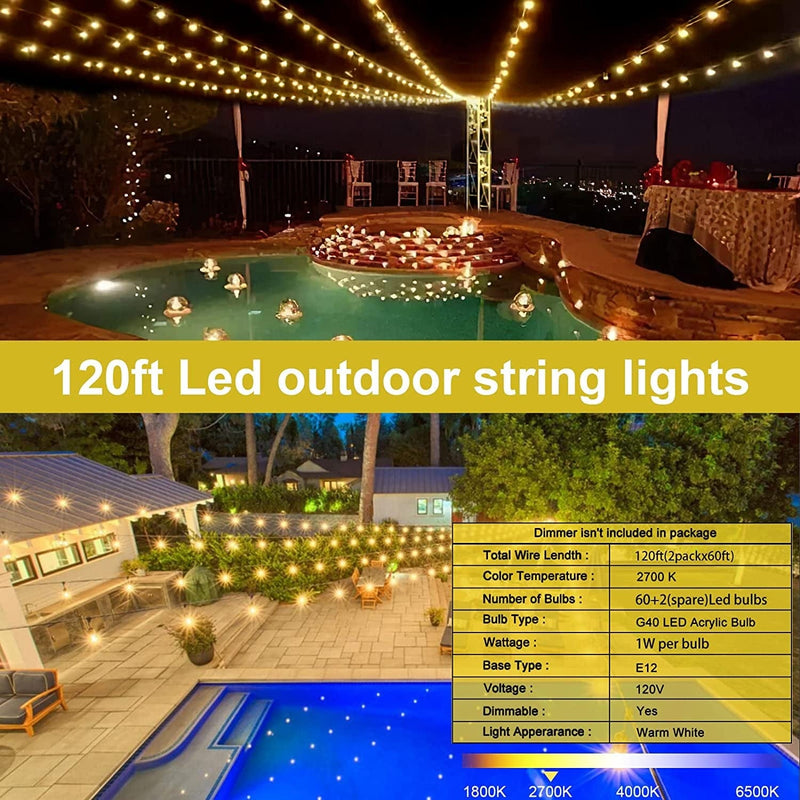 Outdoor String Lights 120Ft 2Packx60Ft Outdoor Lights with Waterproof Shatterproof 62 LED Bulbs(2 Spare)Connectable Patio Lights for Indoor Outdoor Courtyard Cafe Porch Party Led Outdoor String Lights Home & Garden > Lighting > Light Ropes & Strings KDEEIE   