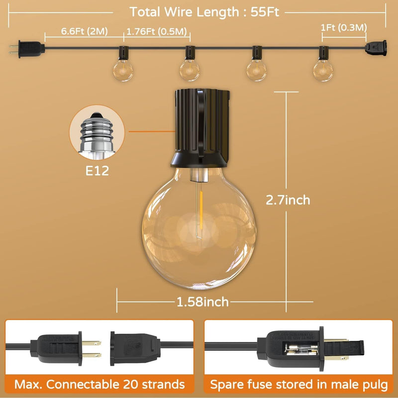 Outdoor String Lights,50Ft+5Ft Shatterproof LED Patio Lights with 30 Dimmable Plastic G40 Bulbs,2200K Waterproof Hanging Lights String,Connectable outside Lights for Backyard,Cafe,Porch,Deck,E12 Base Home & Garden > Lighting > Light Ropes & Strings OHLUX   
