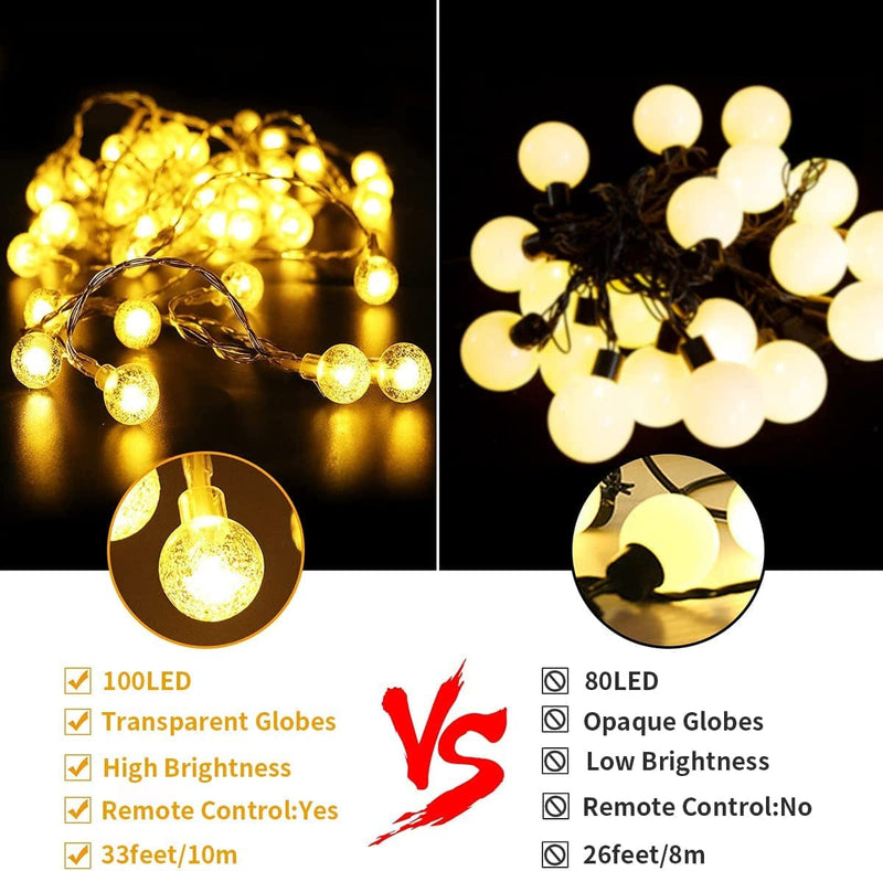 Outdoor String Lights Battery Operated 33FT 100LED String Lights Indoor Waterproof Globe String Lights, with Remote Timer 8 Lighting Modes, for Garden Bedroom Wedding Halloween Christmas Party Decor Home & Garden > Lighting > Light Ropes & Strings Ryblgled   