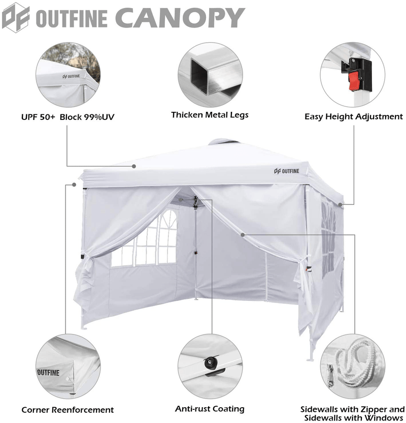 OUTFINE Canopy 10'x10' Pop Up Commercial Instant Gazebo Tent, Fully Waterproof, Outdoor Party Canopies with 4 Removable Zippered Sidewalls, Stakes x8, Ropes x4 (White, 1010FT) Home & Garden > Lawn & Garden > Outdoor Living > Outdoor Structures > Canopies & Gazebos OUTFINE   
