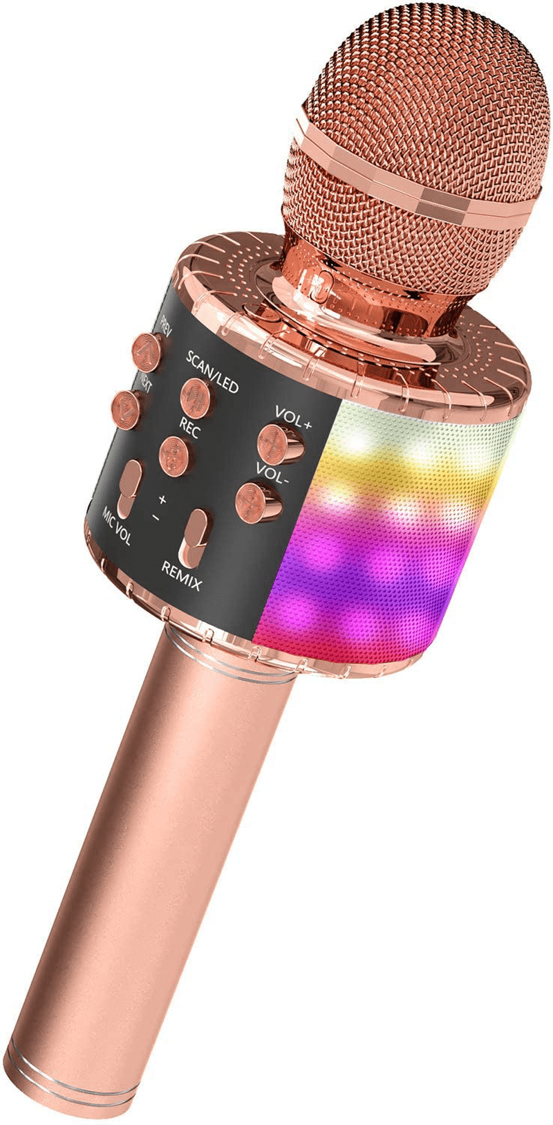 OVELLIC Karaoke Microphone for Kids, Wireless Bluetooth Karaoke Microphone with LED Lights, Portable Handheld Mic Speaker Machine, Great Gifts Toys for Girls Boys Adults All Age (Rose Gold)