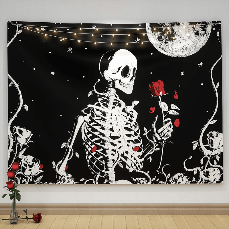 Ovenbird Skull Tapestry, Skeleton and Flower Wall Tapestry, Goth Witch Hippie Tapestry Black and White Floral with Moon Star, Tapestry Wall Hanging for Bedroom, Dorm, Room Decor, 51" X 59" Home & Garden > Decor > Artwork > Decorative Tapestries Ovenbird Floral 51" X 59" 