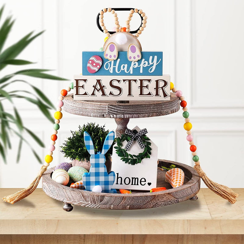 OYATON Easter Decorations for the Home - Rustic Spring Happy Easter Bunny Wood Sign Block with Egg and Wooden Beads Decor for Table, Mantle, Tiered Tray - Indoor Mini Easter Decor Home & Garden > Decor > Seasonal & Holiday Decorations OYATON   
