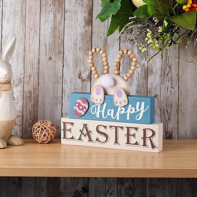 OYATON Easter Decorations for the Home - Rustic Spring Happy Easter Bunny Wood Sign Block with Egg and Wooden Beads Decor for Table, Mantle, Tiered Tray - Indoor Mini Easter Decor