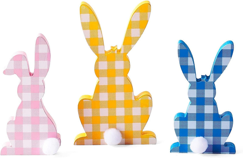 OYATON Easter Decorations for the Home - Rustic Spring Happy Easter Bunny Wood Sign Block with Egg and Wooden Beads Decor for Table, Mantle, Tiered Tray - Indoor Mini Easter Decor Home & Garden > Decor > Seasonal & Holiday Decorations OYATON Buffalo Plaid Wood Bunny  