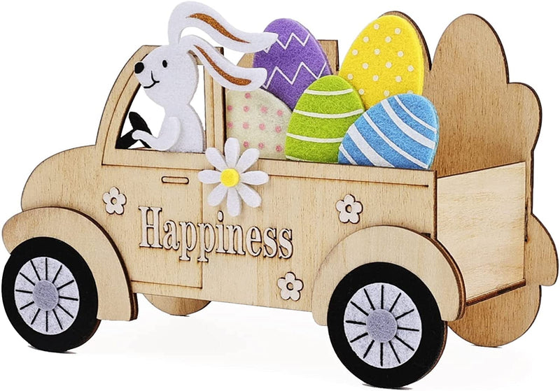 OYATON Easter Decorations for the Home - Rustic Spring Happy Easter Bunny Wood Sign Block with Egg and Wooden Beads Decor for Table, Mantle, Tiered Tray - Indoor Mini Easter Decor Home & Garden > Decor > Seasonal & Holiday Decorations OYATON Easter Truck sign  