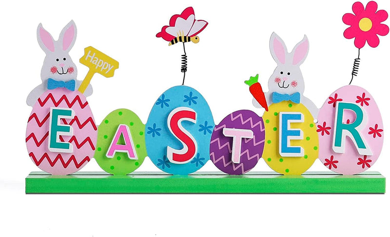 OYATON Easter Decorations for the Home - Rustic Spring Happy Easter Bunny Wood Sign Block with Egg and Wooden Beads Decor for Table, Mantle, Tiered Tray - Indoor Mini Easter Decor Home & Garden > Decor > Seasonal & Holiday Decorations OYATON Multi-colored Easter Signs  