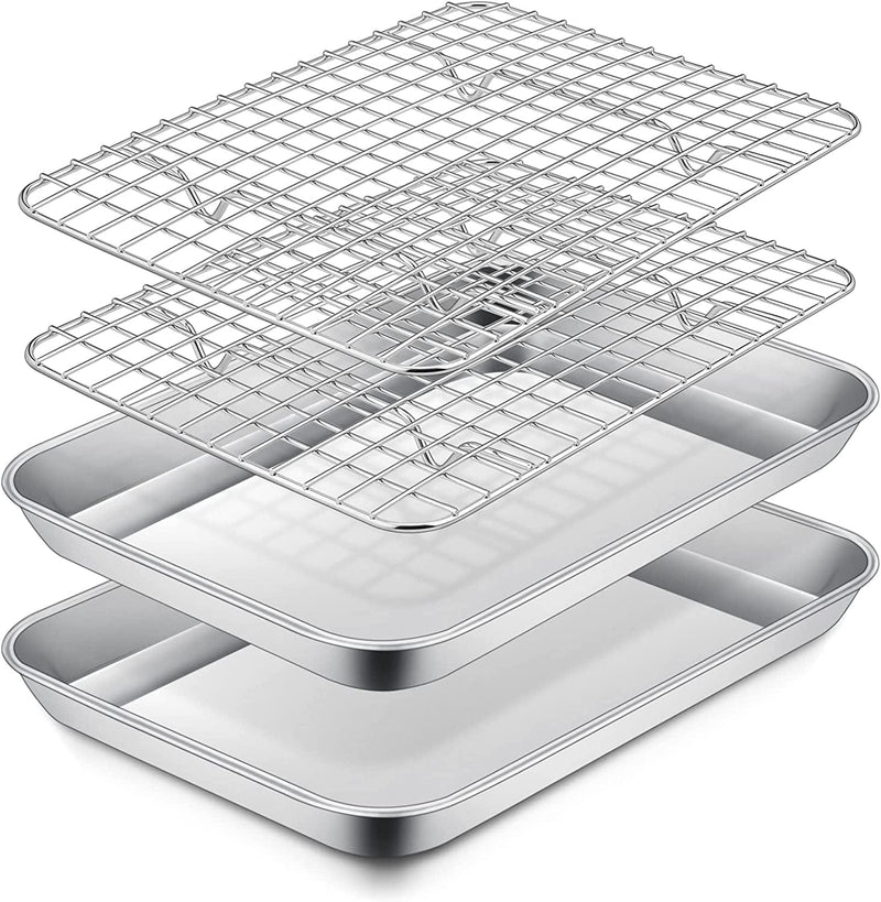 P&P CHEF Baking Sheets and Racks Set (2 Pans + 2 Racks), Stainless Steel Baking Sheet Oven Tray and Cooling Grid Rack for Cookies Meats, Size 16 X 12 X 1 Inch, Oven & Dishwasher Safe Home & Garden > Kitchen & Dining > Cookware & Bakeware P&P CHEF 10.4 x 8 x 1 Inch  