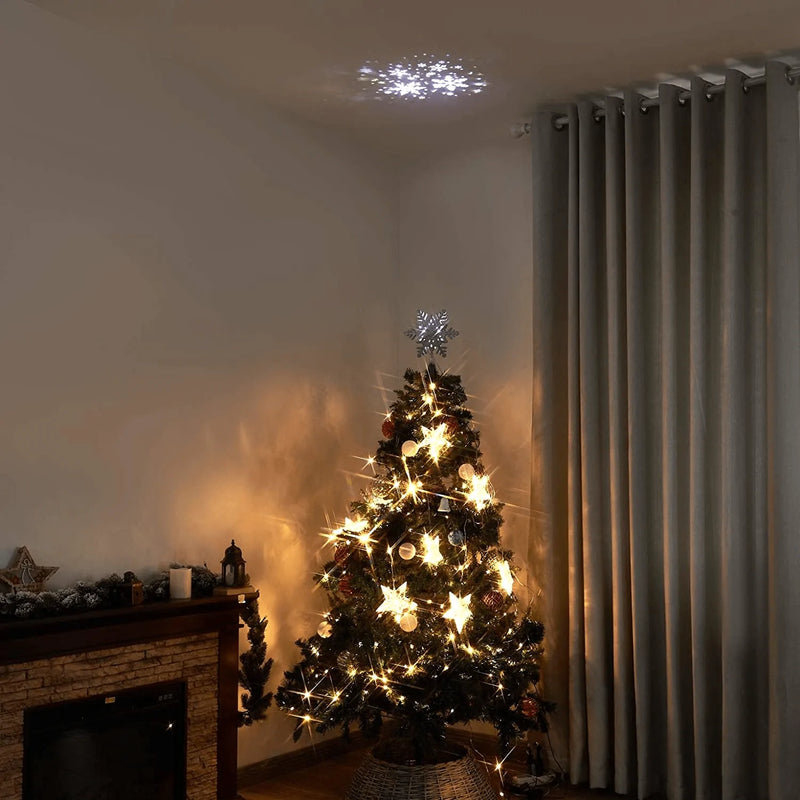 Padoo Christmas Clearance 10" Glittering Silver Hollow Snowflake Christmas Tree Top Lights with Rotating Snowflakes Projector Christmas Tree Decoration