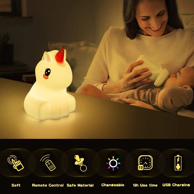 PAMANO LED Nursery Night Lights for Kids -USB Rechargeable Animal Silicone Lamps with Touch Sensor and Remote Control -Portable Color Changing Glow Soft Cute Baby Infant Toddler Gift (Unicorn)