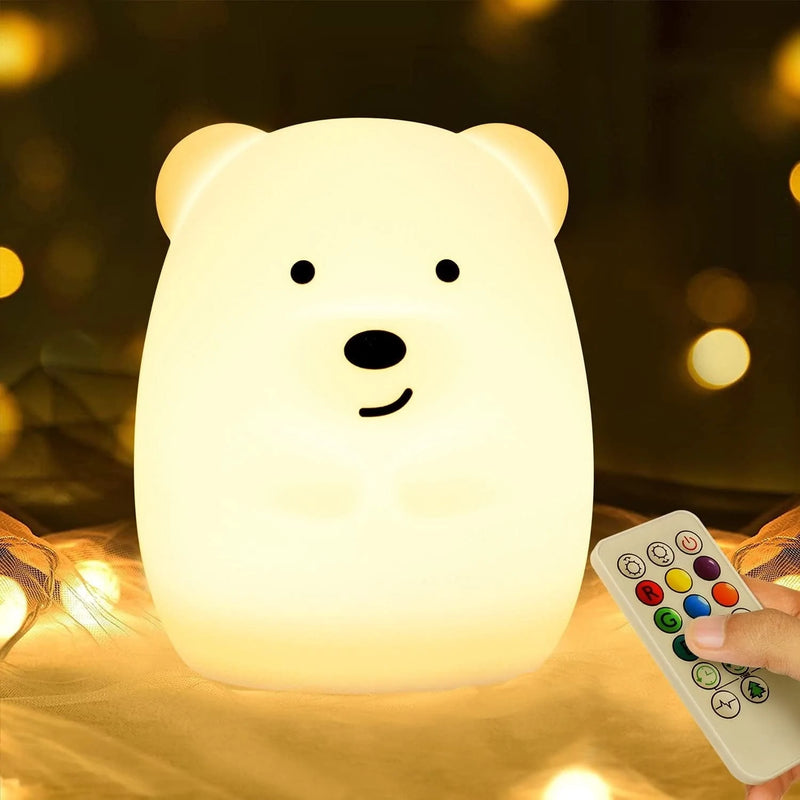 PAMANO LED Nursery Night Lights for Kids -USB Rechargeable Cute Animal Silicone Lamps with Touch Sensor and Remote Control -Portable Color Changing Glow Soft Cute Baby Infant Toddler Gift (Bear)
