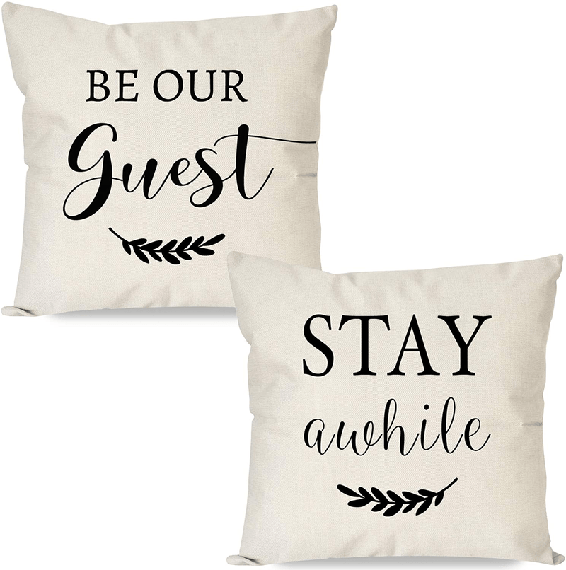 PANDICORN Set of 2 Farmhouse Throw Pillows Covers 18x18 with Quotes Stay Awhile Be Our Guest for Home Décor Living Room Outdoor Porch Home & Garden > Decor > Seasonal & Holiday Decorations PANDICORN Default Title  