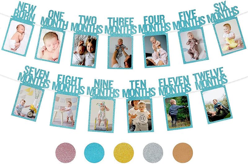 Partyhooman 1St Birthday Photo Banner for Baby from Newborn to 12 Months, 1St Birthday Decorations Girl Monthly Milestones Garland | First Birthday Photo Banner Pre-Strung with Frame (Rose Gold) Home & Garden > Decor > Seasonal & Holiday Decorations PartyHooman Blue  