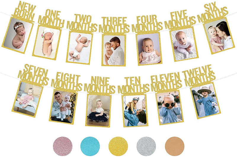 Partyhooman 1St Birthday Photo Banner for Baby from Newborn to 12 Months, 1St Birthday Decorations Girl Monthly Milestones Garland | First Birthday Photo Banner Pre-Strung with Frame (Rose Gold) Home & Garden > Decor > Seasonal & Holiday Decorations PartyHooman Gold  