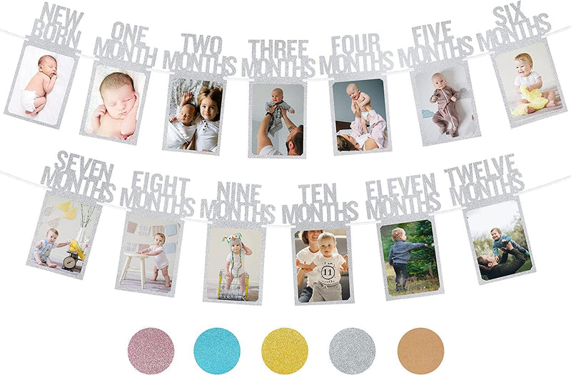 Partyhooman 1St Birthday Photo Banner for Baby from Newborn to 12 Months, 1St Birthday Decorations Girl Monthly Milestones Garland | First Birthday Photo Banner Pre-Strung with Frame (Rose Gold) Home & Garden > Decor > Seasonal & Holiday Decorations PartyHooman Silver  