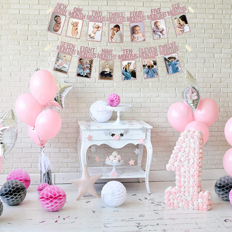 Partyhooman 1St Birthday Photo Banner for Baby from Newborn to 12 Months, 1St Birthday Decorations Girl Monthly Milestones Garland | First Birthday Photo Banner Pre-Strung with Frame (Rose Gold) Home & Garden > Decor > Seasonal & Holiday Decorations PartyHooman   