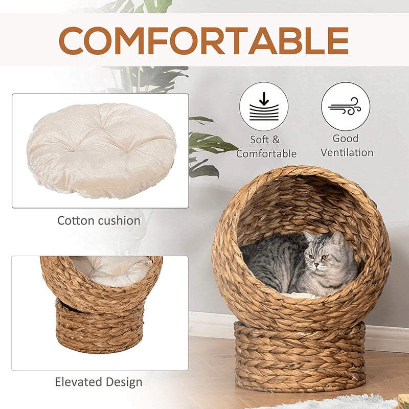 Pawhut 20" Natural Braided Banana Leaf Elevated Cat Bed Basket with Cushion Animals & Pet Supplies > Pet Supplies > Cat Supplies > Cat Beds PawHut   