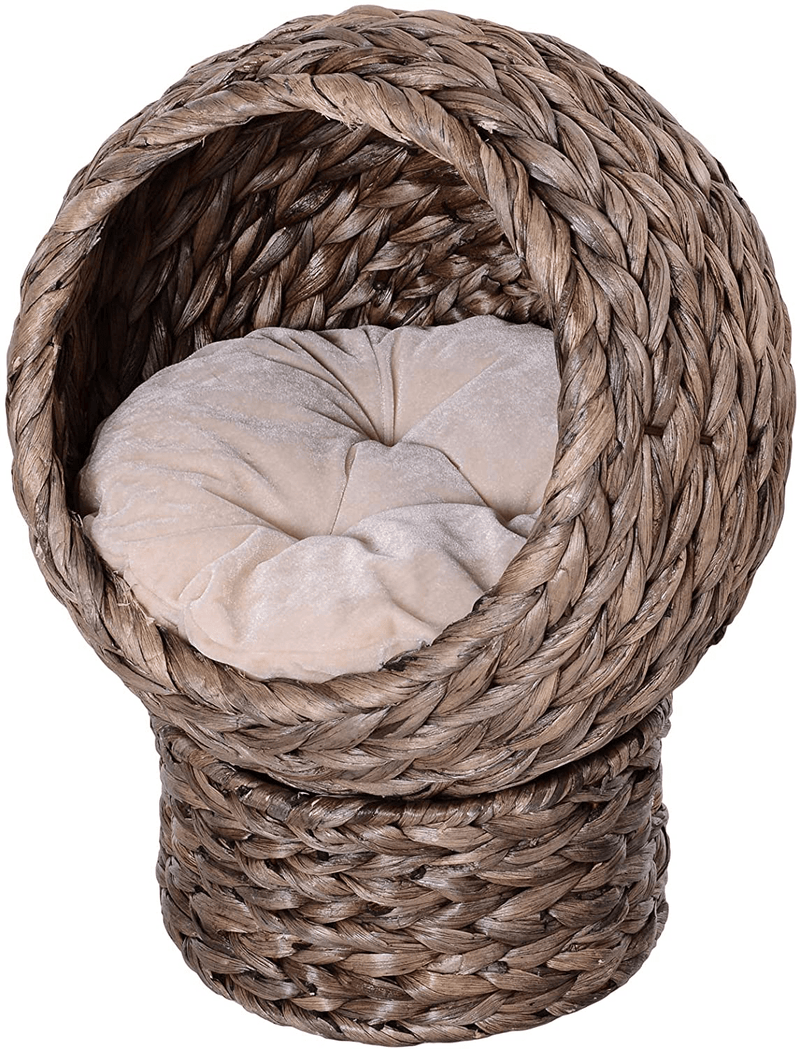 Pawhut 20" Natural Braided Banana Leaf Elevated Cat Bed Basket with Cushion Animals & Pet Supplies > Pet Supplies > Cat Supplies > Cat Beds PawHut Grey  