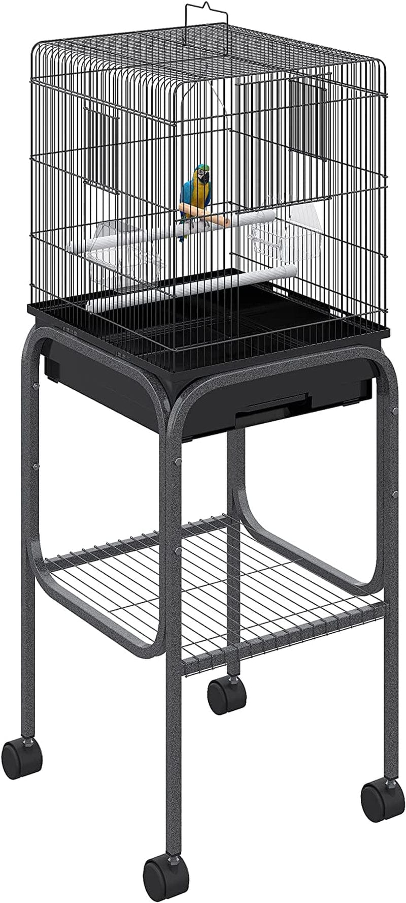 Pawhut 44.5" Metal Indoor Bird Cage Starter Kit with Detachable Rolling Stand, Storage Basket, and Accessories - Black