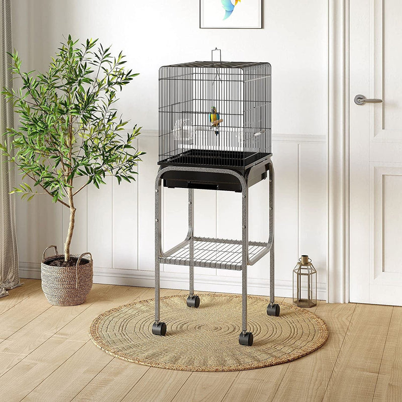 Pawhut 44.5" Metal Indoor Bird Cage Starter Kit with Detachable Rolling Stand, Storage Basket, and Accessories - Black Animals & Pet Supplies > Pet Supplies > Bird Supplies > Bird Cages & Stands PawHut   