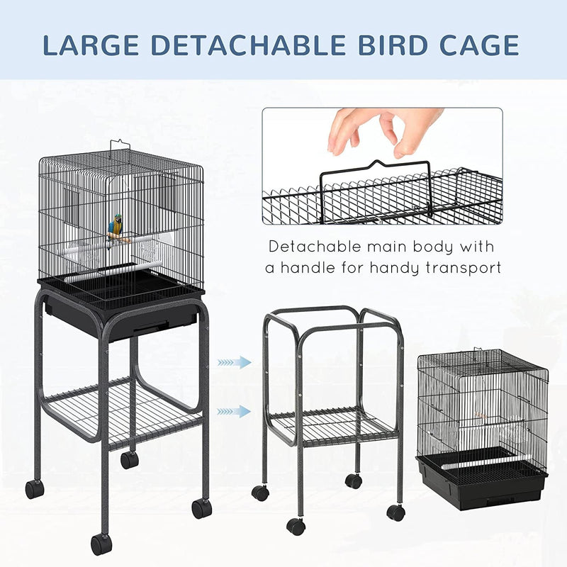 Pawhut 44.5" Metal Indoor Bird Cage Starter Kit with Detachable Rolling Stand, Storage Basket, and Accessories - Black Animals & Pet Supplies > Pet Supplies > Bird Supplies > Bird Cages & Stands PawHut   