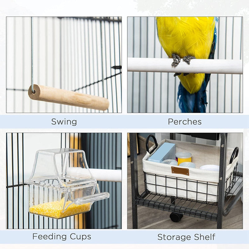 Pawhut 44.5" Metal Indoor Bird Cage Starter Kit with Detachable Rolling Stand, Storage Basket, and Accessories - Black